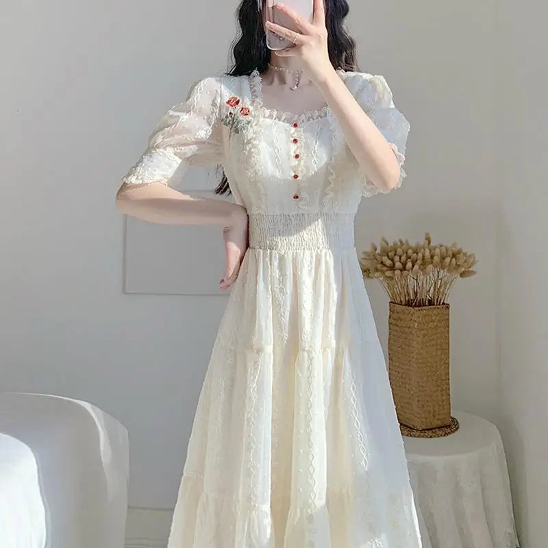 Hnewly Vintage Lace Fairy Midi Dress Women Summer French Floral Elegant Party Princess Dress Ladies Party One-piece Dress Korean