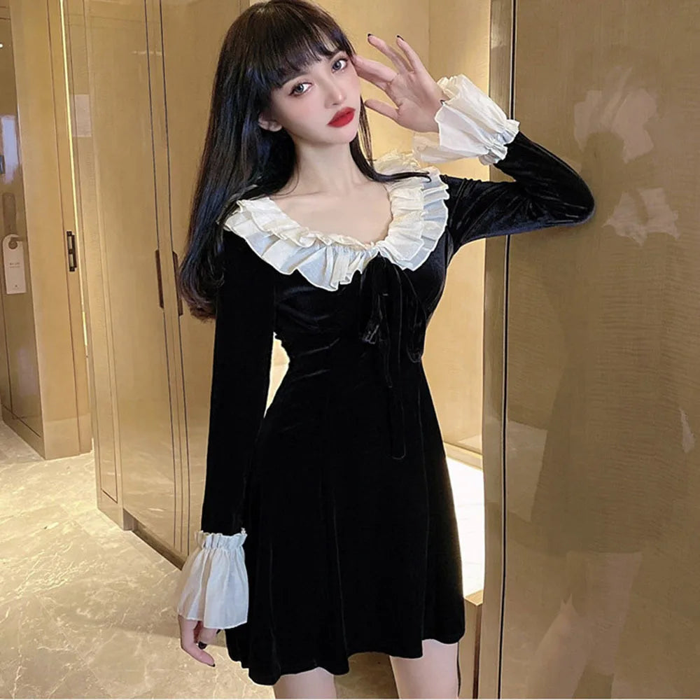 Hnewly Christmas Red Dress Woman Autumn French Ruffle Velvet Splice Dress Ladies Flared Sleeve Bow Slim Party Mini Dress