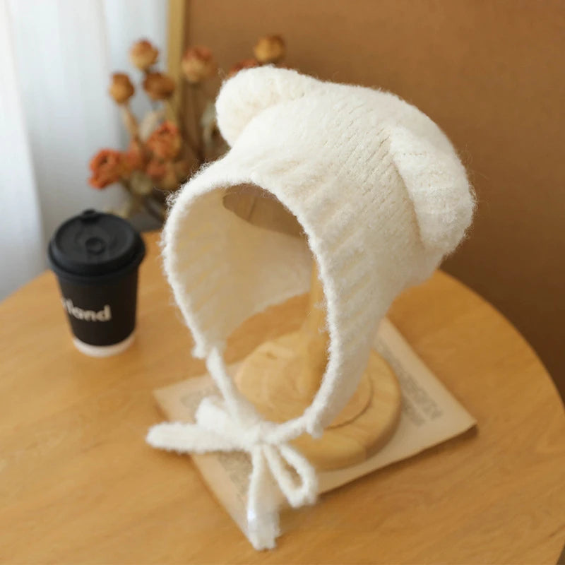 Hnewly Cute Girl Knit Ear Protection Hat Bear Women Earmuffs Cap Woolen Crochet Bonnet Solid Color Hood Beanies Winter Warm Headgear