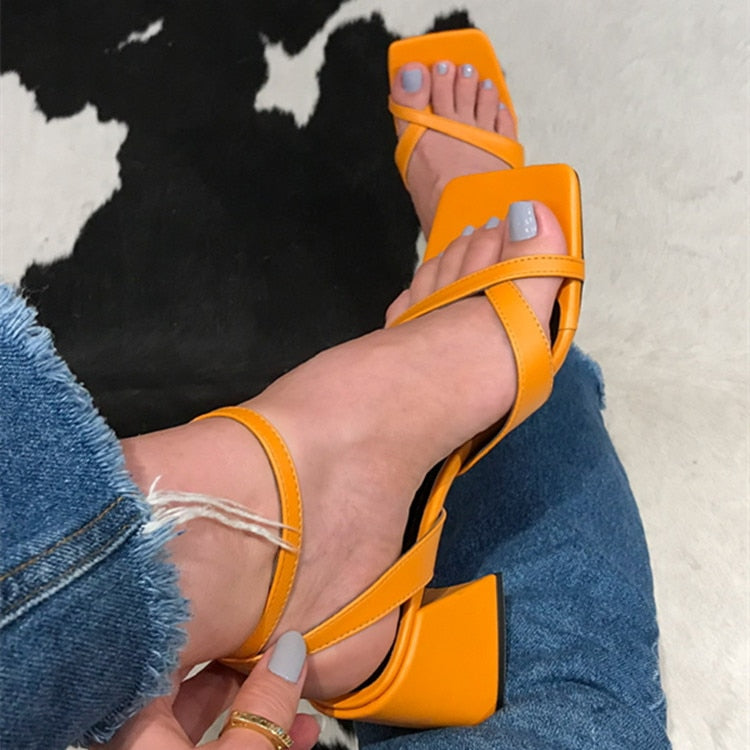 Hnewly Fashion Square Toe High Heel Sandals Women's Chunky Heel Roman Shoes Luxury Sandals Women Designers Elegant Party Sandals