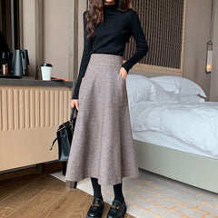 Hnewly Autumn Winter Women's Knitting New Double Pocket Fluffy Loose Wool Medium And Long Girls' Skirt Leisure Daily Camel Color