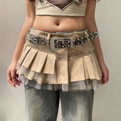 Hnewly Fairycore Grunge A-line Cargo Skirt Khaki Low-waisted Mesh Patchwork Pleated Super-short Skirts Layering Bottoms Street