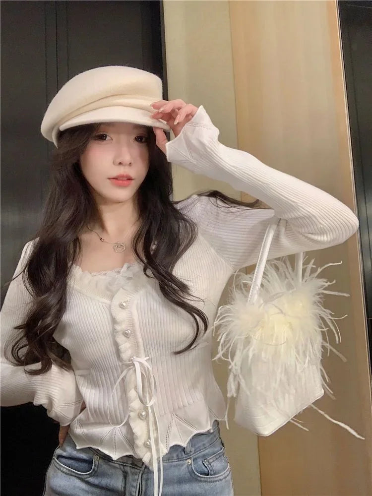 Hnewly Sweet Fresh V-neck Lace Patchwork Tops Women Autumn Bandage Ruffles Sweaters Harajuku Slim Fit Long Sleeve Knitted Cardigan