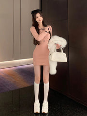 Hnewly Winter Elegant Knitted Dress Women Kawaii Clothing  Bodycon Y2k Mini Dress Female Slim One Piece Dress Korean Fashion Chic