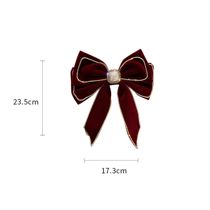 Hnewly Big Velvet Bowknot Inlaid Rhinestones Imitation Pearl Hair Clips for Women Girls Vintage Soft Hairgrip Autumn Winter Accessories