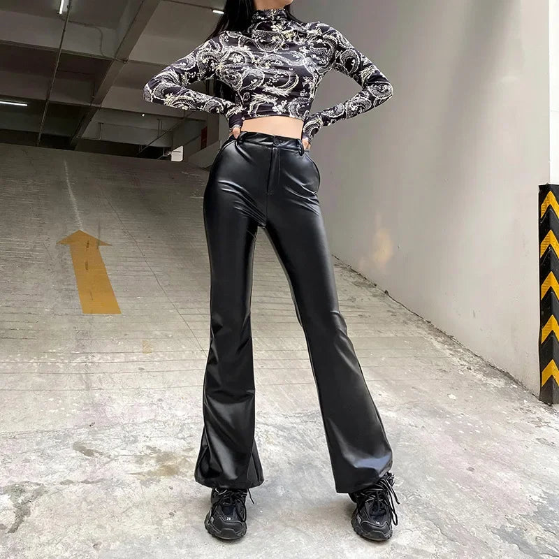 Hnewly leather pants outfits winter Women's Y2K Slim Fit Solid Flare Pu Leather Long Pants Button High Waist Elastic Trousers with Pockets Party Clubwear