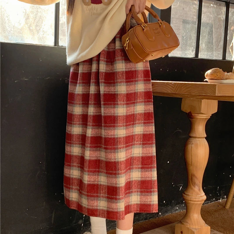 Hnewly Preppy Style Wool Long Skirt Vintage Kawaii Sweet Korean Fashion Plaid Skirts Cute Autumn Winter Patchwork Midi Skirts