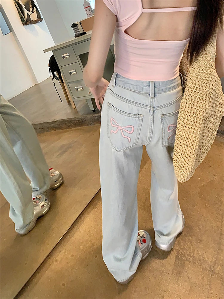 Hnewly Women's Pink Bow Embroidered Light Blue Jeans Young Girl Street Straight Bottoms Vintage Casual Trousers Female Wide Leg Pants