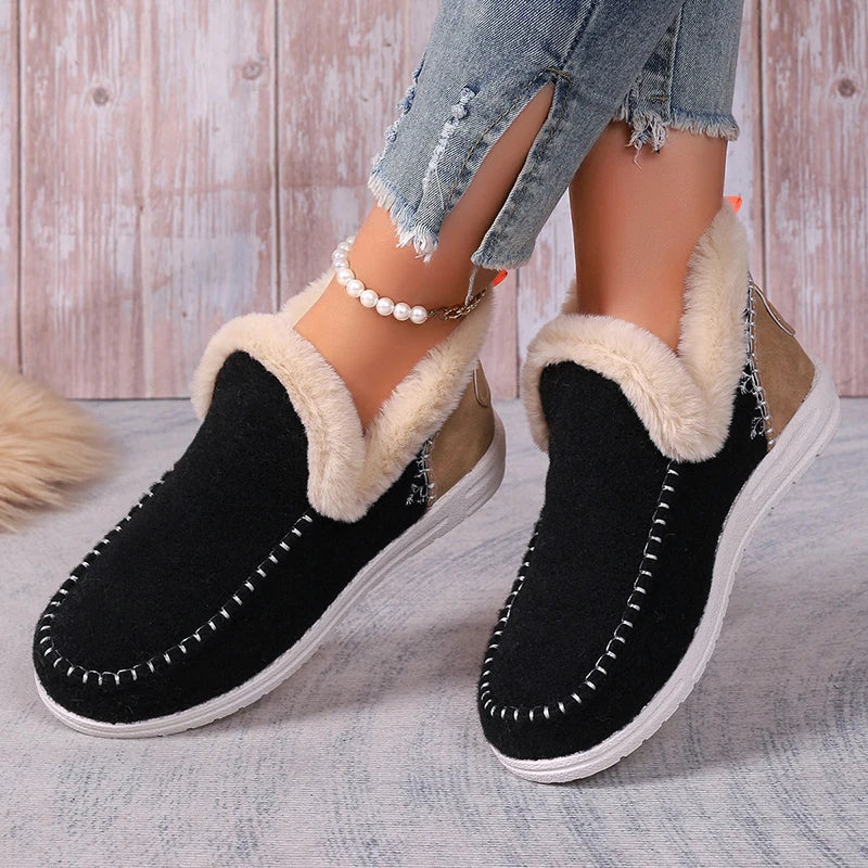 Hnewly Women Snow Boots Winter Fashion Leisure Fluffy Shoes for Woman Shallow Big Size Sewing Ankle Boot Multi-Color Suede Botas