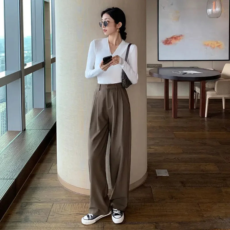 Hnewly Brown Loose Summer Women's Suit Pants Wide Leg Brown Fluid High Waist Casual Dress Pants Ice Silk Straight Female Trousers