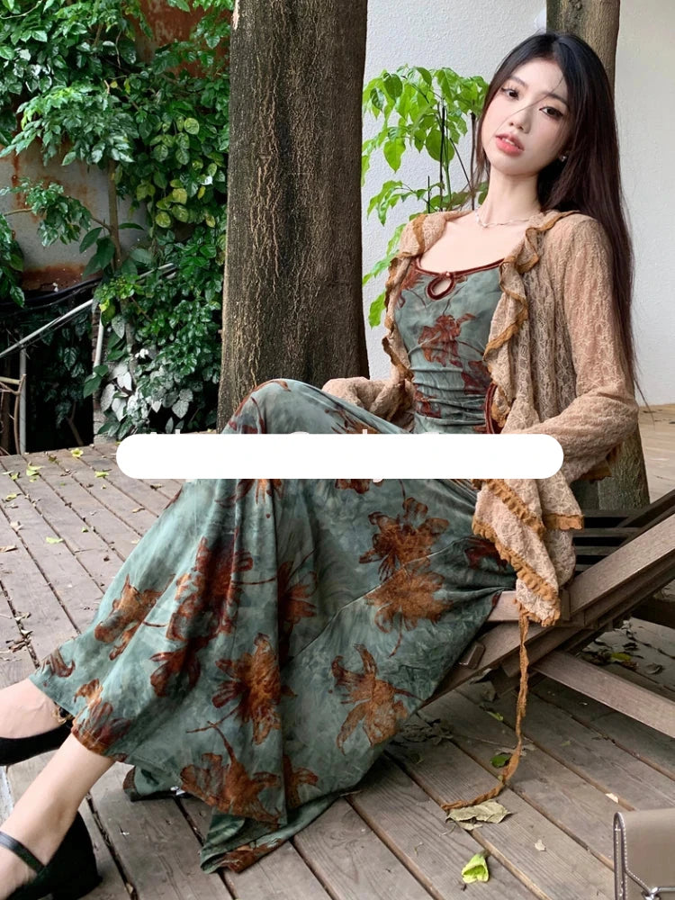 Hnewly DRESS TO IMPRESS Vintage Elegant Floral Slip Dress Women Hollow Out Designer Korean Velvet Long Dress Female Autumn Matching Two Piece Dress Set