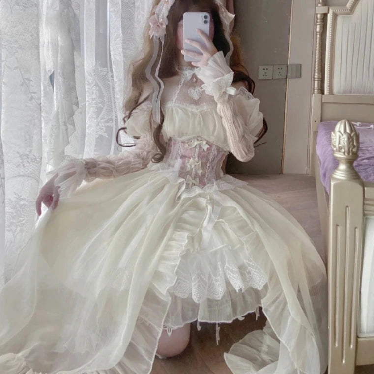 Hnewly DRESS TO IMPRESS Vintage Victorian Lolita Dress Cosplay Kawaii Lace Flower Bow Trailing Dresses Women Japanese Style Elegant Wedding Party Dress