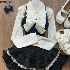 Hnewly Y2k Aesthetic Lolita Style 3 Piece Set Women Kawaii White Shirt Bow Lace Vest Ruffle Mini Skirts Japan Fashion Gothic Skirt Suit