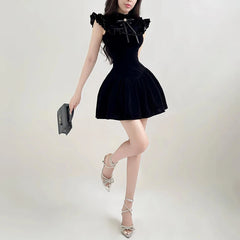 Hnewly DRESS TO IMPRESS  Elegant Velvet Black Mini Dresses Sleeveless A-line Korean Fashion Birthday Party Coquette Sexy Ballroom Dress Women