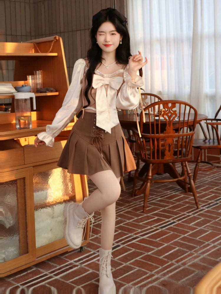 Hnewly DRESS TO IMPRESS Korean Style Fairy Two Piece Set Women France Vintage Blouse + Bandage Mini Skirt Female Sweet Elegant Party Mini Skirt Set