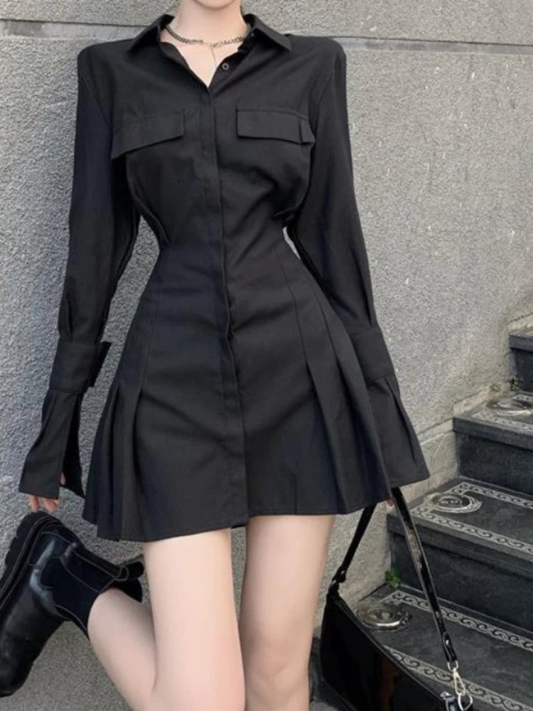 Hnewly Black Shirt Dress Women Elegant Vintage Long Sleeve Dresses Sexy Gothic Pleated Streetwear Turn-down Collar Casual Robe