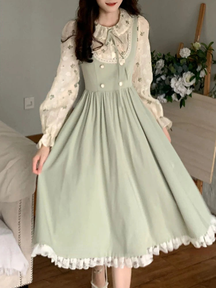 Hnewly DRESS TO IMPRESS Green Elegant Vintage Strap Dress Women Spring Lace Evening Party Midi Dresses Ladies Retro Korean Sweet Kawaii Fairy Dress