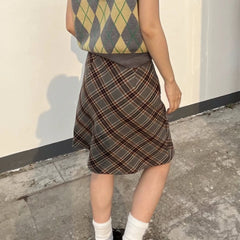 Hnewly Grey Plaid Skirts Women Autumn High Waist French Temper College A-line Skirt Faddish Simple Retro Designer Knee-length Faldas