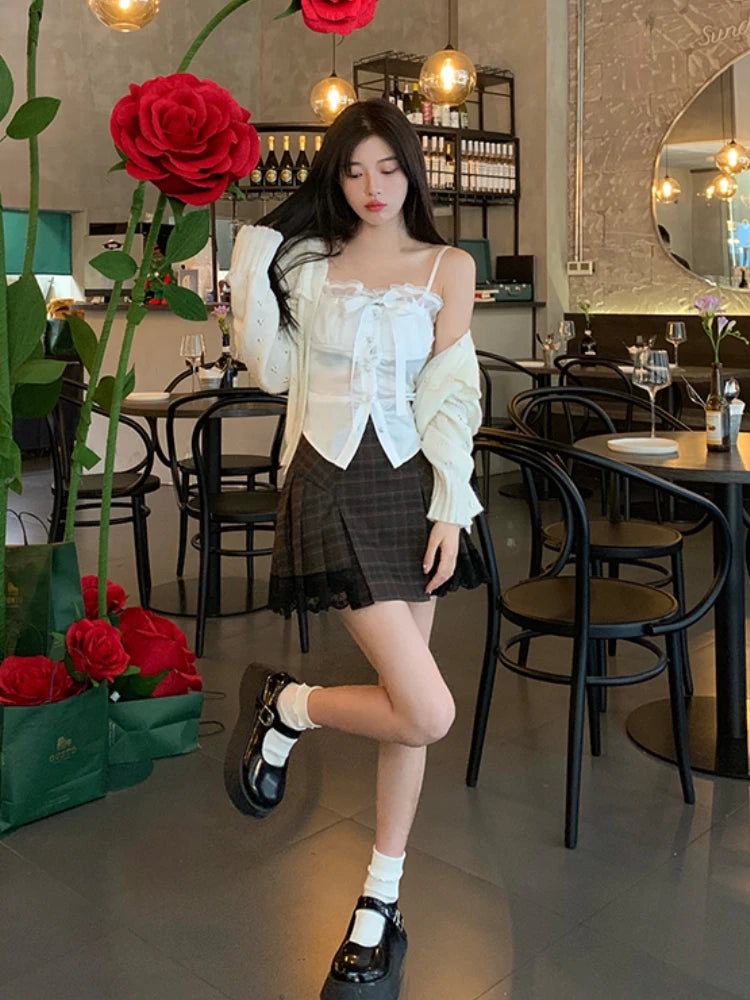 Hnewly Summer Pure Color Lace Camis Blouse Women Casual Party Elegant Sexy Crop Tops Slim Korean Style Fashion Designer Chic Vest