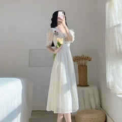 Hnewly Vintage Lace Fairy Midi Dress Women Summer French Floral Elegant Party Princess Dress Ladies Party One-piece Dress Korean