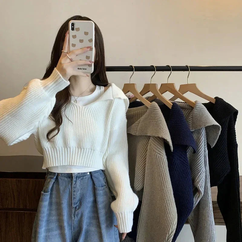 Hnewly Long Sleeve Cropped Sweater Women Autumn Winter Turn Down Collar Knitted Jumper Woman Korean Style Solid Color Jerseys