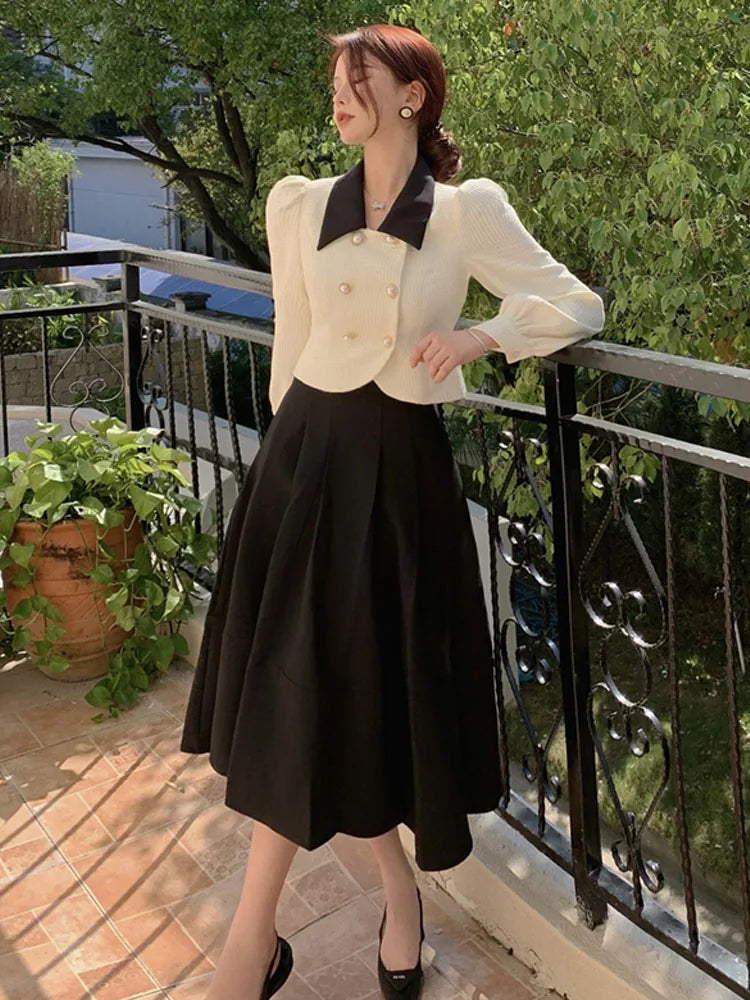 Hnewly DRESS TO IMPRESS Spring Elegant Two Piece Set Women Casual Slim Korean Coat + Black Pleated Gothic Vintage Midi Skirt Office Lady Skirt Sets