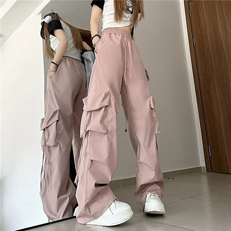 Hnewly Hip Hop Cargo Pants Women Jazz Black Big Pockets Streetwear Trousers High Waisted Solid Fashion Harajuku Y2K Wide-Legged Pants