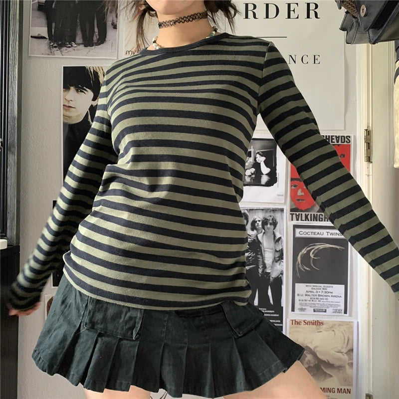 y2k Women T Shirt Streetwear Striped Long Sleeve T-Shirt Pullover Tops Teen Girl T-Shirt 2000s Aesthetic Gothic Clothes