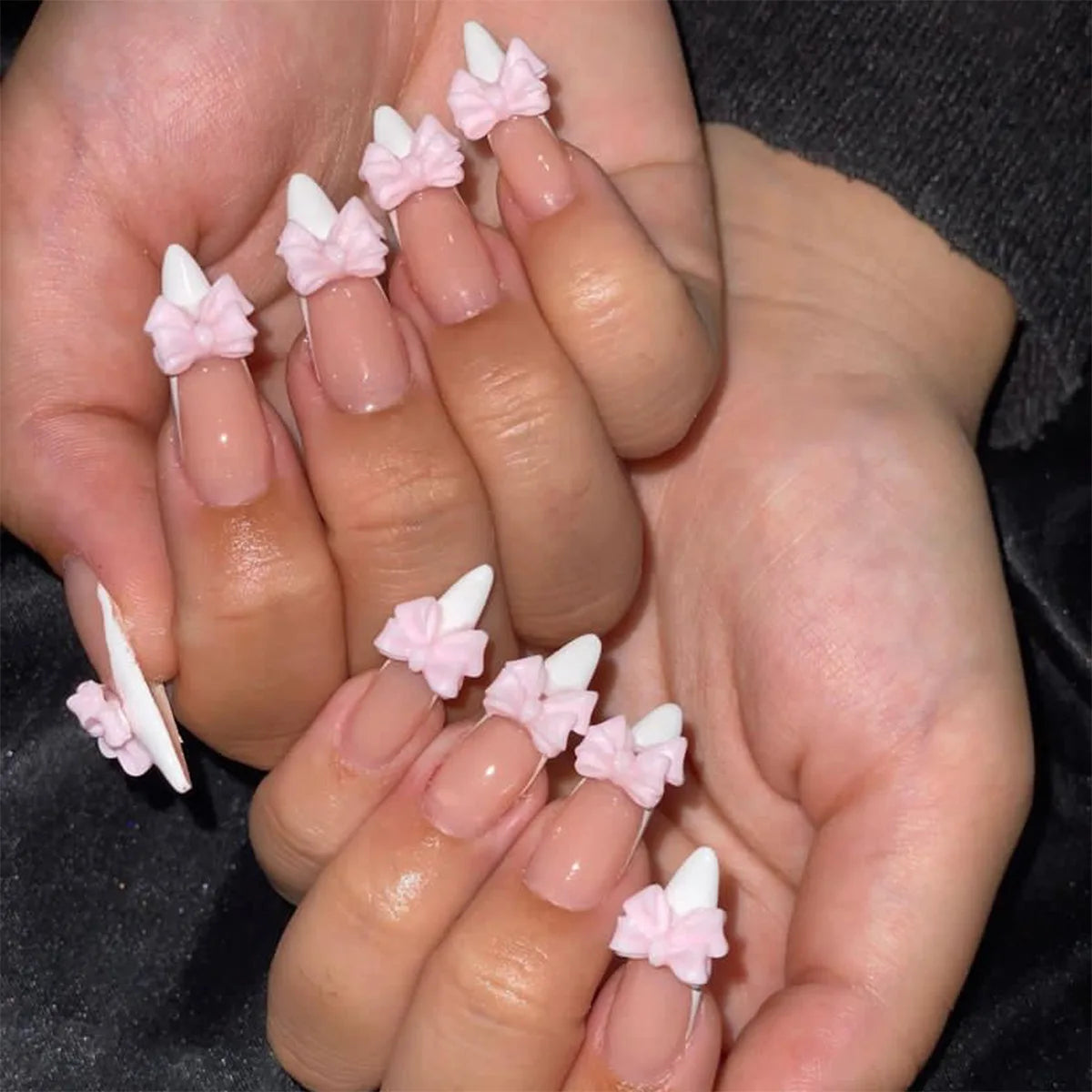 Hnewly Medium Length Fake Nails 3D Flower Pearl Designs Nude Pink Color Press on Nails Ballerina False Nails for Women DIY Manicure