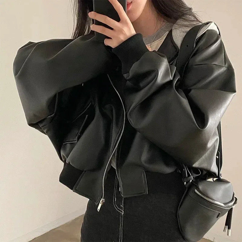 Hnewly outfit inspo winter Fashion Hooded Loose Leather Jackets Women Fashion Faux Leather Coats Spring Autumn Korean PU Jackets