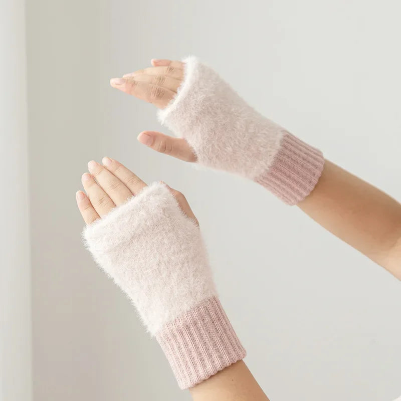 Hnewly Mink Fleece Soft Winter Half Finger Gloves Women Warm Luxury Solid White Plush Knitted Fingerless Gloves Wrist Mittens Writting