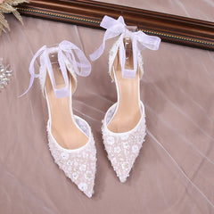 Hnewly Size 33-42 Summer Beaded Women White Wedding Shoes Ankle Strap Pointed High Heel Pumps