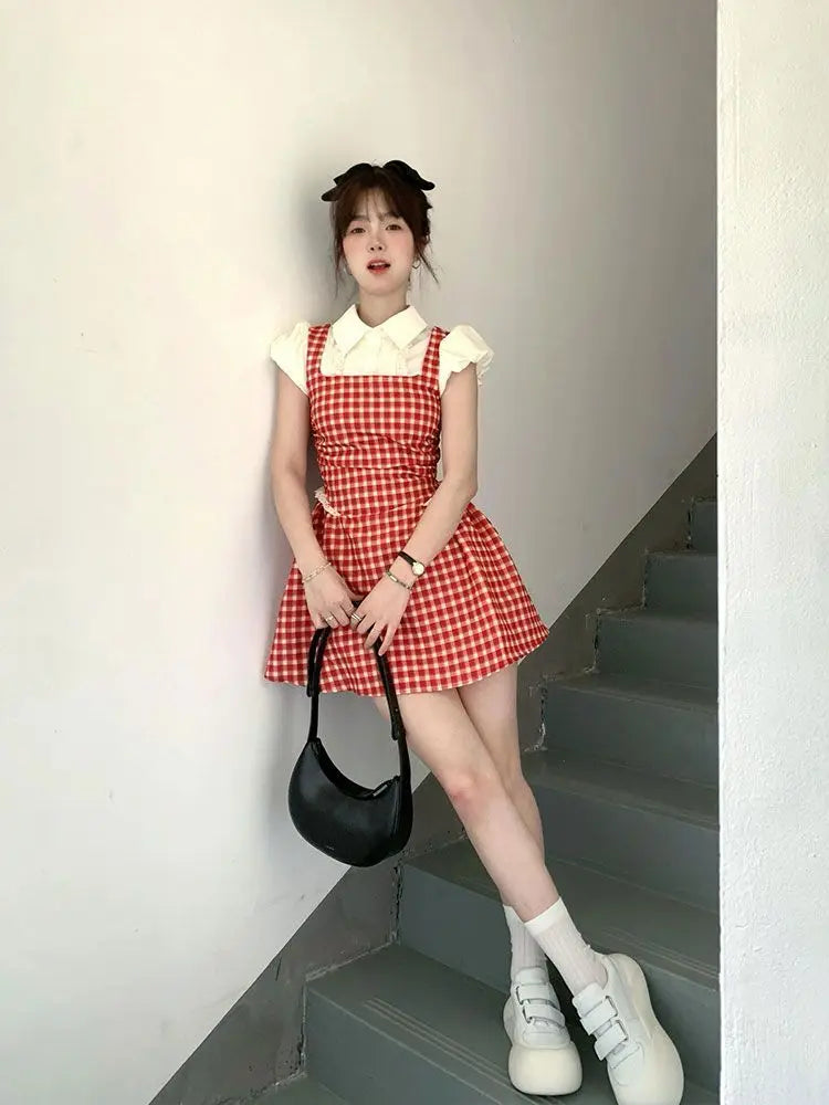 Hnewly Y2k Coquette Kawaii Cute Plaid Shirt Dress Women Preppy Style Sweet Girls Short Party Dresses 2024 Summer Fashion