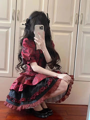 Hnewly DRESS TO IMPRESS Women's Victorian Gothic Lolita Lace Bow Slim Bandage Princess Dress, Japanese Harajuku Punk Style, Evening Party Red Dresses