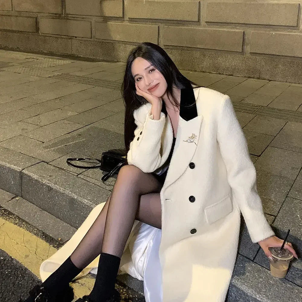 Hnewly WINTER OUTFITS White Suit Coat Women Winter Jackets New Korean Fashion  Loose Temperament Mid Length Thick Long Coats Autumn Clothing