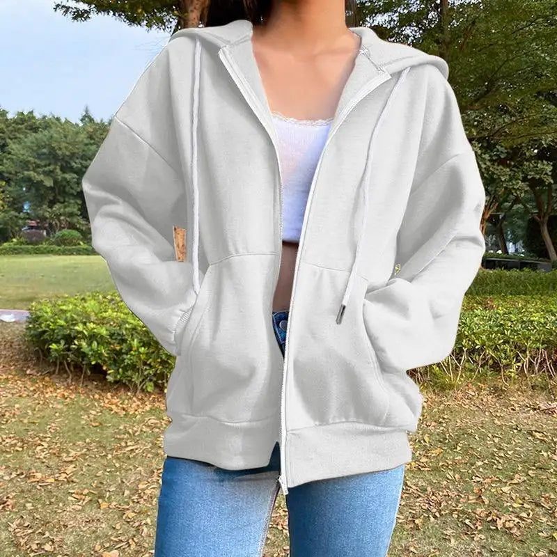 Hnewly Winter Sweatshirt Hoodie Oversize Fleece Hooded Cardigan Black White Women Clothes Solid Zip Up Hoodies Tops Long Sleeves