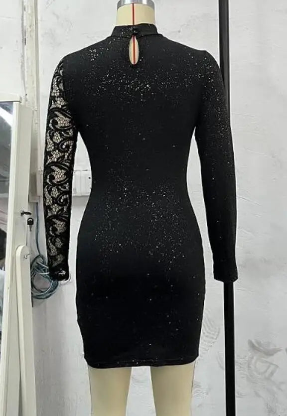 Hnewly Evening Dresses for Women New Elegant Sexy Party Wedding Guest Glitter Contrast Lace Cutout Long Sleeve Bodycon Mini Dress