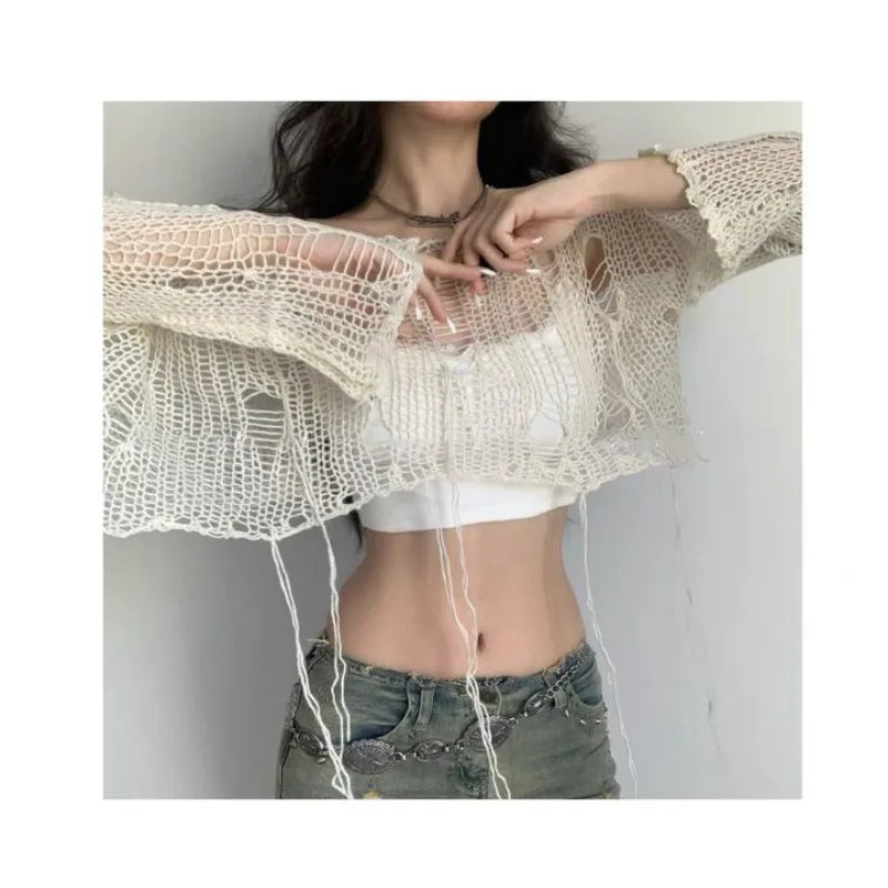 Hnewly Y2K White Women's Sweater Hollow Out Knitwear Cropped Pullovers Spring Short Networks Jumper Vintage