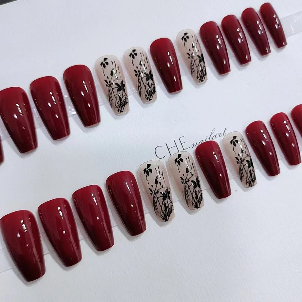 Hnewly 24pcs New Year Fake Nails Long Ballet Nails French Vintage Style Wine Red False Nail Press on Nails Waterproof Faux Fingernails