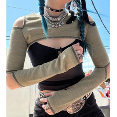 Hnewly y2k Gothic Top Summer Women Hollow Out Cold Shoulder Long Sleeve Crop T-shirt 2000s Aesthetic Streetwear E Girl Clothes