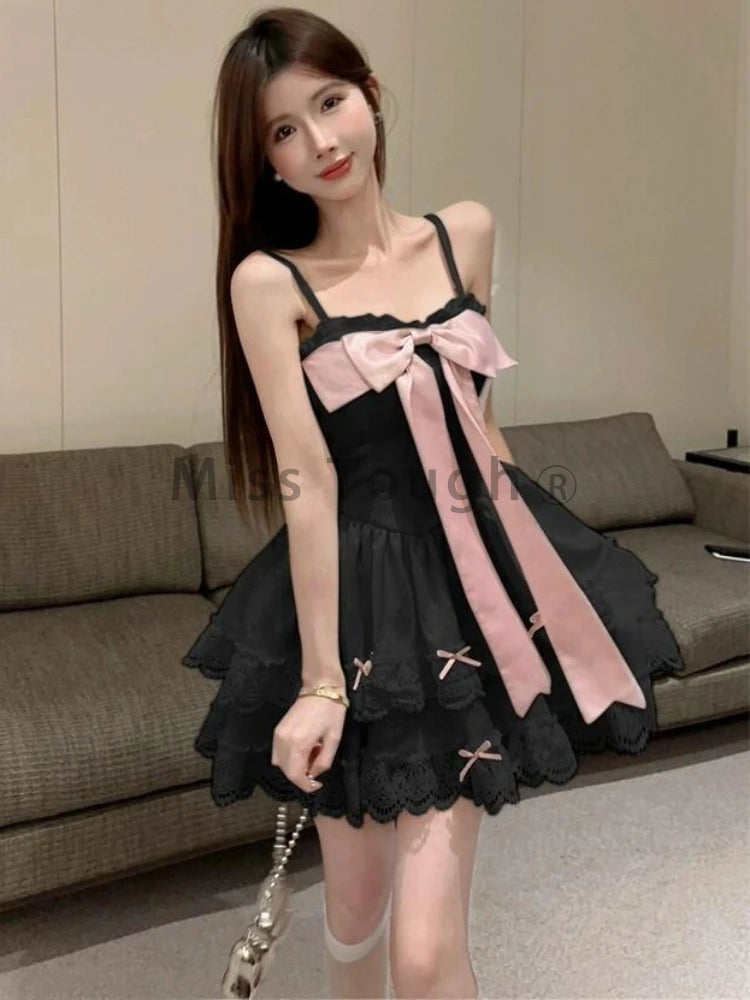 Hnewly Summer Sweet Kawaii Bow Lace Party Dress Women Princess Retro Sleeveless Slim Dresses Fashion Chic Pleat Streetwear Clothing New