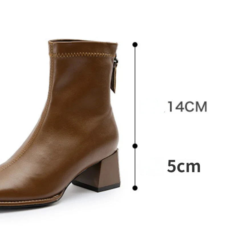 Hnewly Square Toe Women Ankle Boots Flock Stretch Shoes Thin Mid Heels Black/Brown/Beige Back Zipper Dress Sock Boots Woman Size 34-40