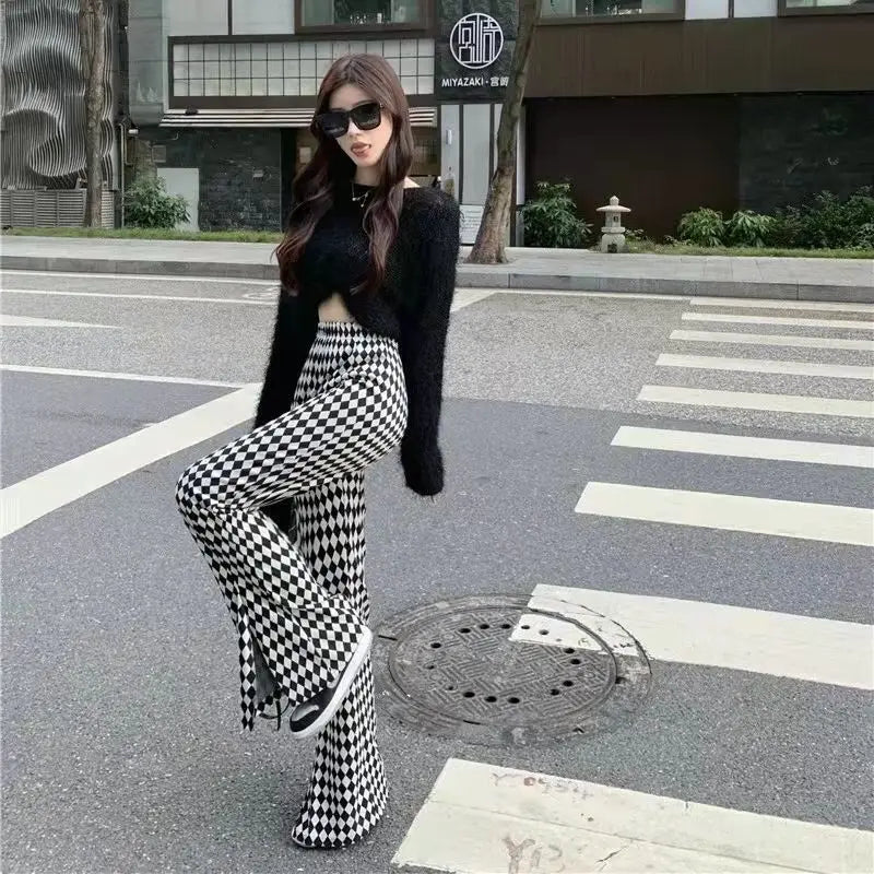 Hnewly Green Plaid Ladies Bell Pants Checked Korean Flared Trousers for Women Vintage Flare Leggings Leg Slit Fluid Elasticity Sexy Hot