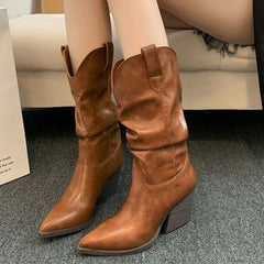 Hnewly Female Western Boots Cowboy Boots Women Plested Women Ankle  Pu Leather Shoes Autumn Boots Women Booties Lady Plus Size 42