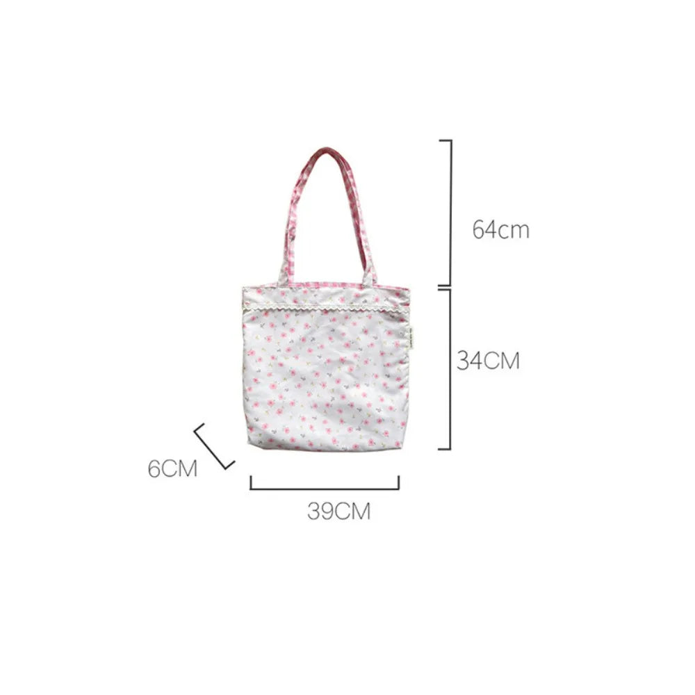 Hnewly Pink Floral Canvas Shoulder Bag Handbag Korean Travel Beach Bag Double-sided Shopping Totes Bag Girl Lace Underarm Bag