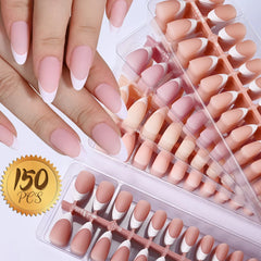 Hnewly 150Pcs Pre-made French False Nails Scarless Coffin Almond Fake Nail Artificial Fingernails Press on Nails for Nail Extension