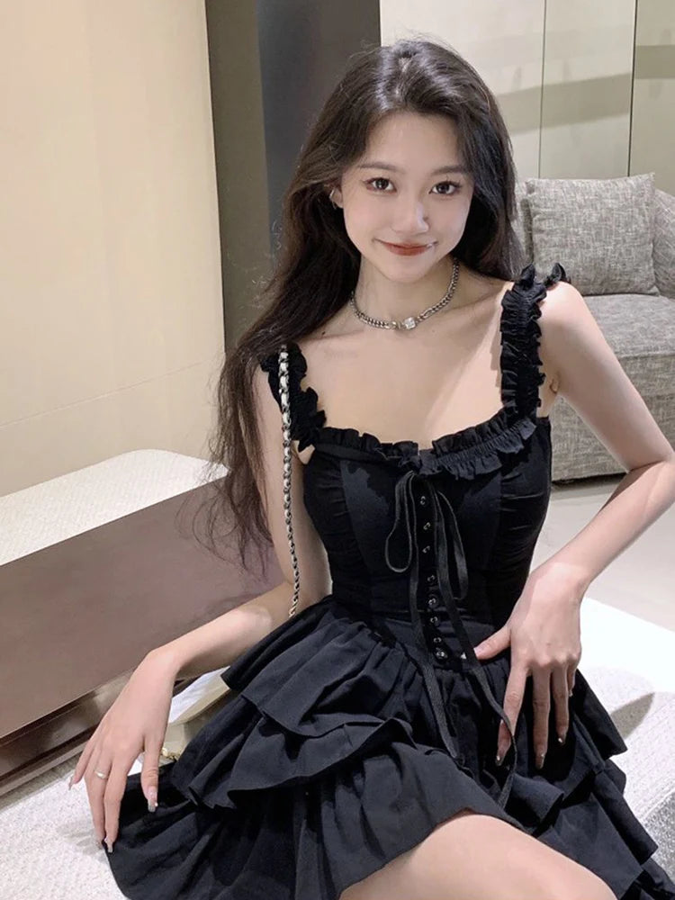 Hnewly Sexy Slip Lolita Style Black Dress Women Vintage Sleeveless Y2K Mini Dress Summer Slim Sweet Korean Lace Up Cake Dress New