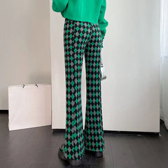 Hnewly Green Plaid Ladies Bell Pants Checked Korean Flared Trousers for Women Vintage Flare Leggings Leg Slit Fluid Elasticity Sexy Hot