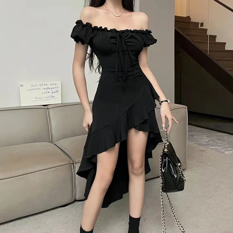 Hnewly Summer Black A-LINE Dress Women Streetwear Sexy Off Shoulder Short Sleeves Ruffled Mid Length Dresses Club Elegant Partywear