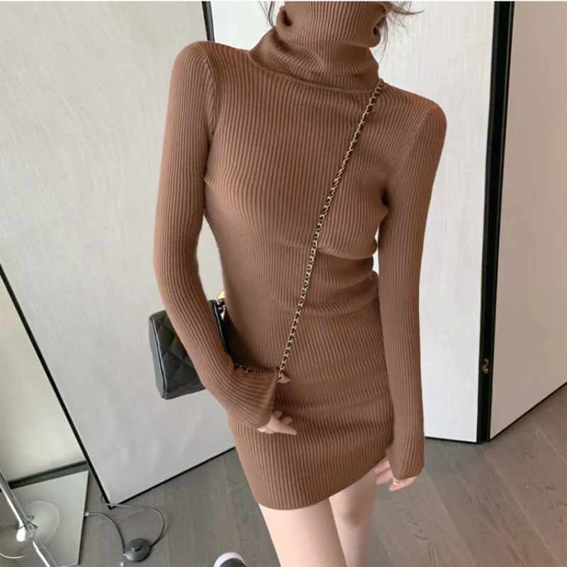 Hnewly trashy outfits Women Autumn Winter Turtleneck Warm Bodycon Dress Long Sleeve Knit Solid Office Pullover Sexy Mini Dress for Ladies